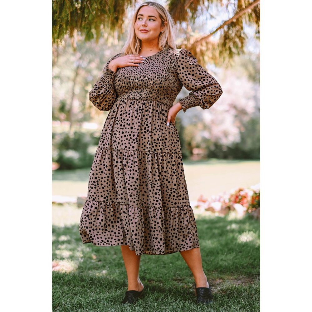 Nude Leopard Print Smocked Tiered Dress